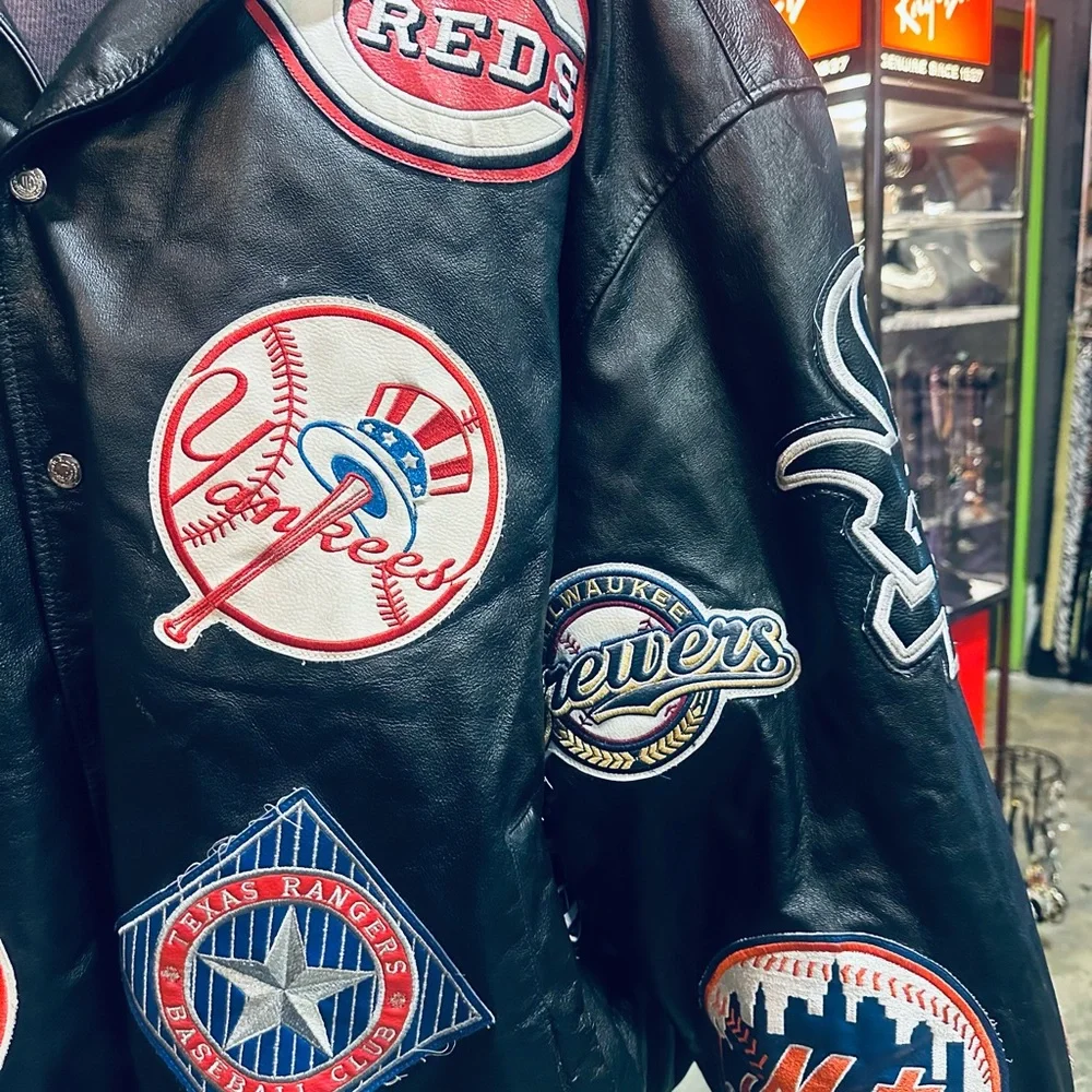 JH Design Vintage MLB Baseball Team All Over Patch Black Leather Jacket